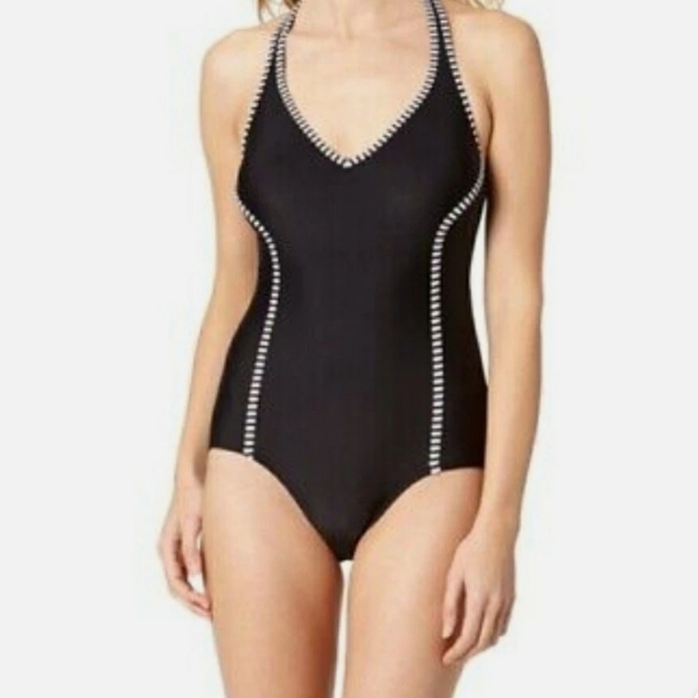 Catalina Women’s Nautical Pin Stripe Black One-Piece Halter Swimsuit L (12-14)